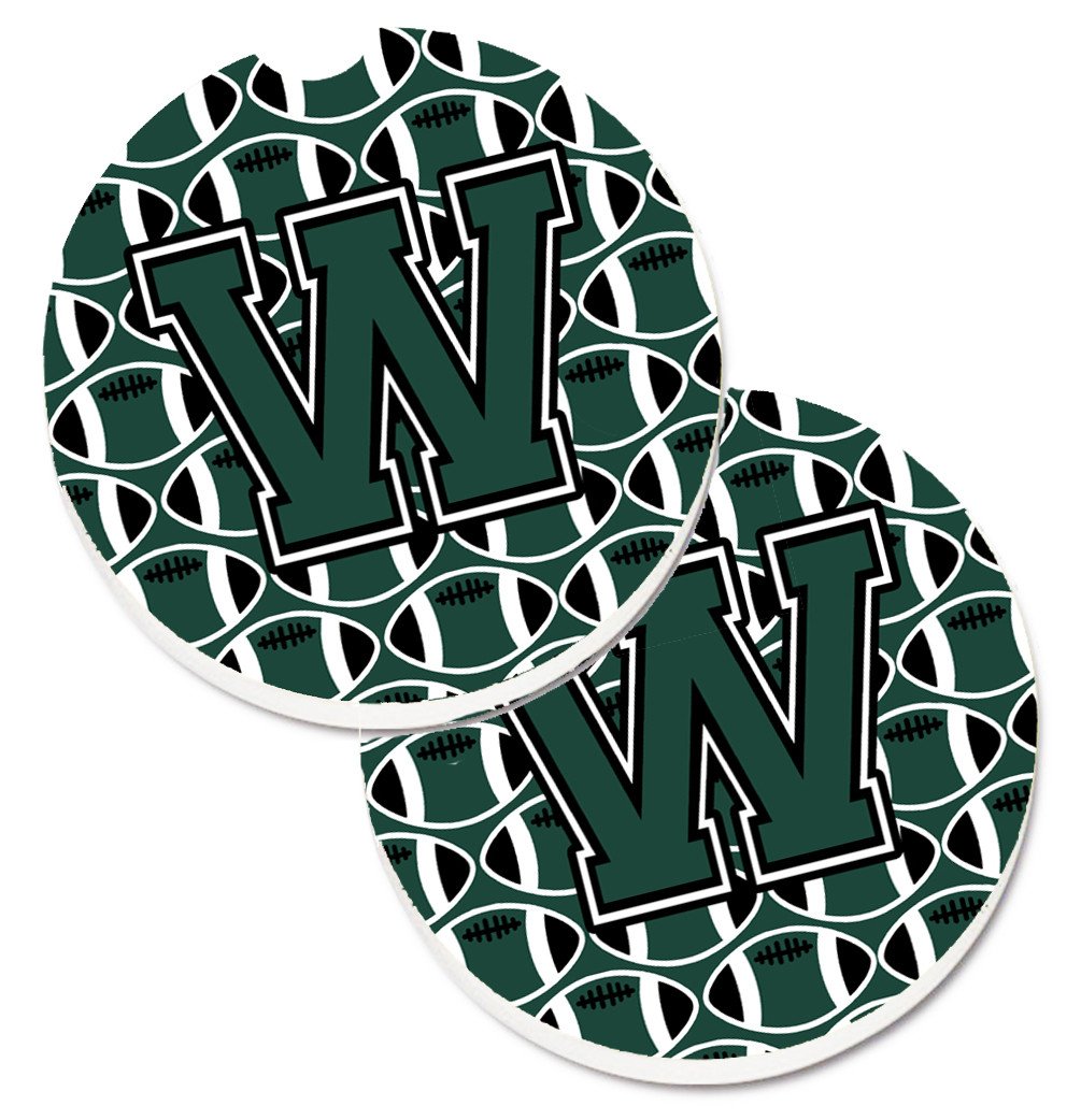 Letter W Football Green and White Set of 2 Cup Holder Car Coasters CJ1071-WCARC by Caroline&#39;s Treasures