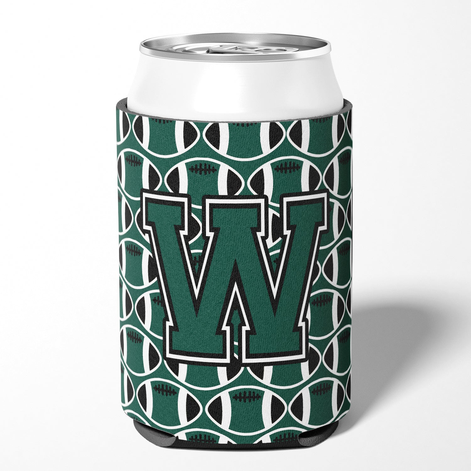 Letter W Football Green and White Can or Bottle Hugger CJ1071-WCC.