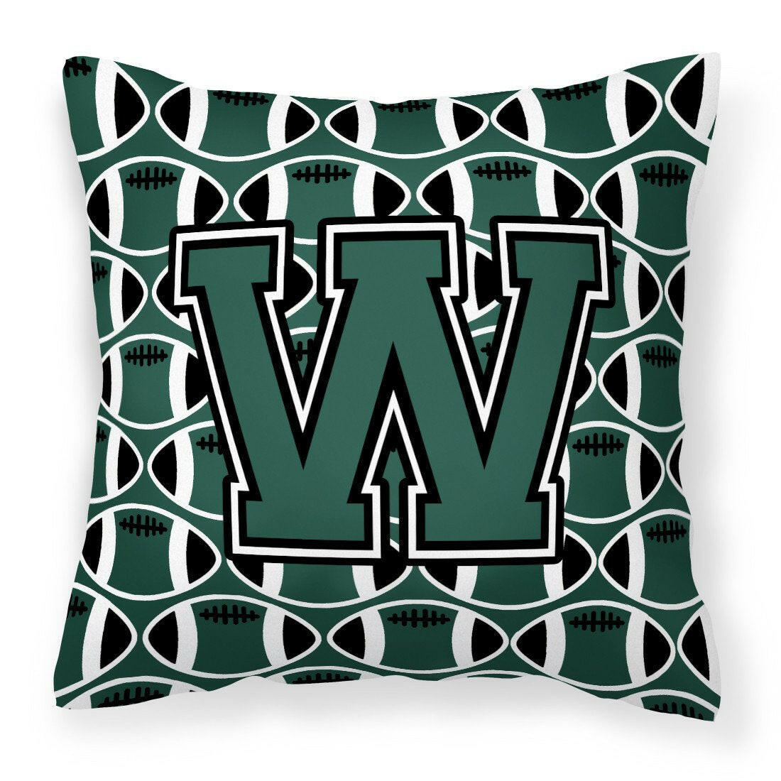 Letter W Football Green and White Fabric Decorative Pillow CJ1071-WPW1414 by Caroline&#39;s Treasures
