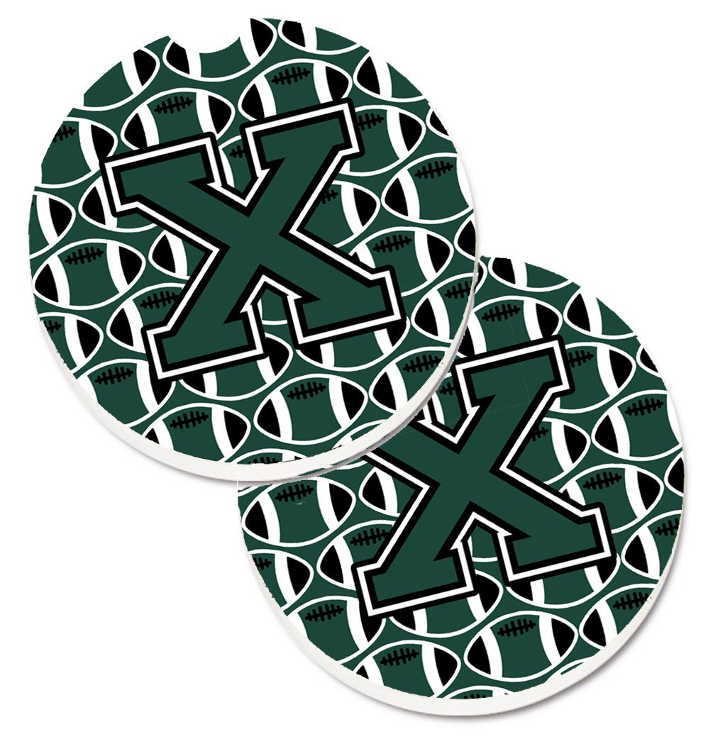 Letter X Football Green and White Set of 2 Cup Holder Car Coasters CJ1071-XCARC by Caroline&#39;s Treasures