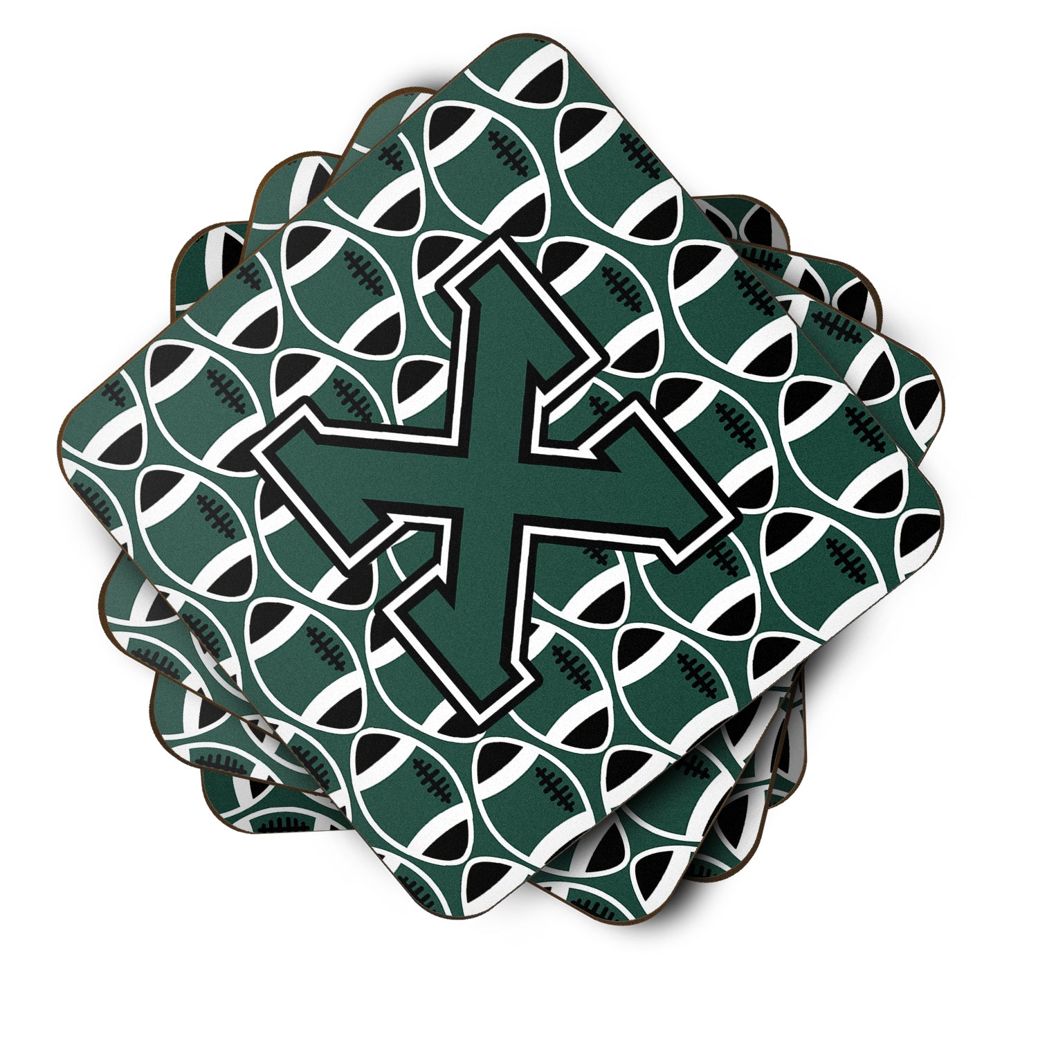 Letter X Football Green and White Foam Coaster Set of 4 CJ1071-XFC - the-store.com