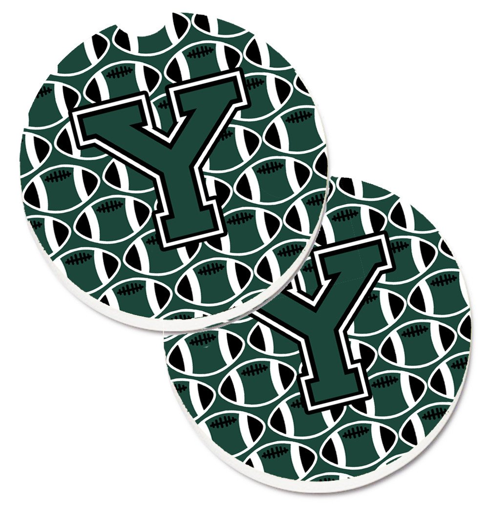 Letter Y Football Green and White Set of 2 Cup Holder Car Coasters CJ1071-YCARC by Caroline&#39;s Treasures
