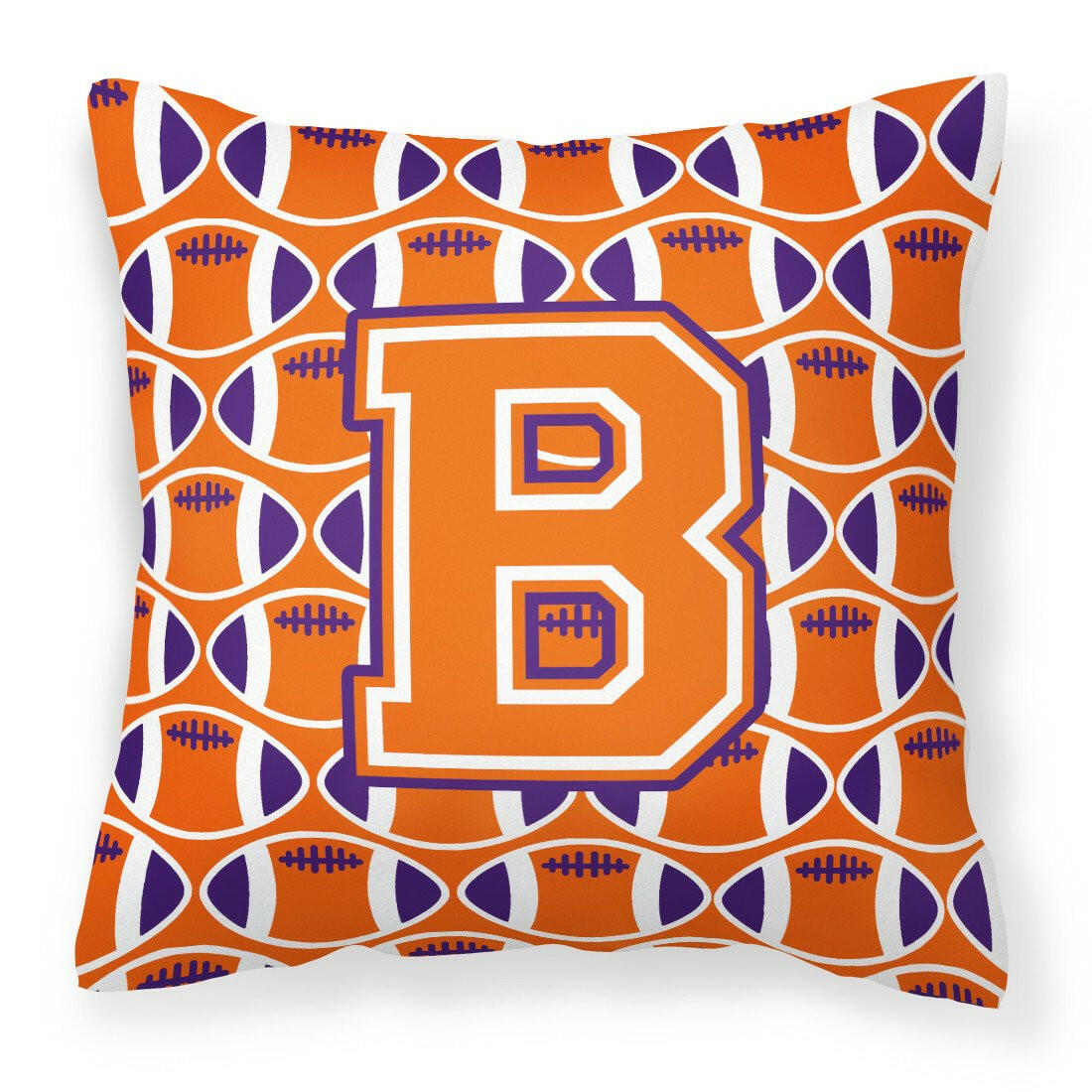 Letter B Football Orange, White and Regalia Fabric Decorative Pillow CJ1072-BPW1414 by Caroline&#39;s Treasures