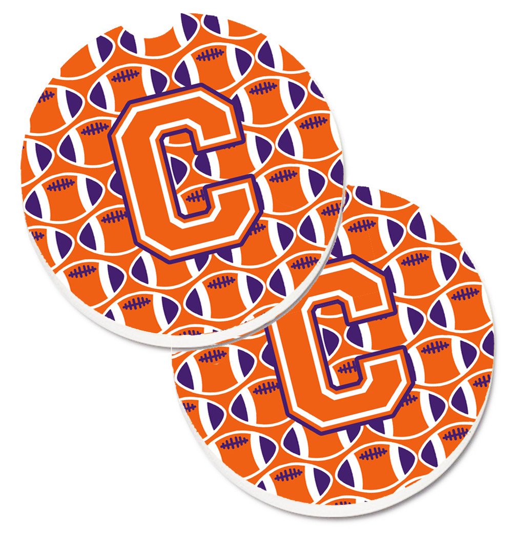 Letter C Football Orange, White and Regalia Set of 2 Cup Holder Car Coasters CJ1072-CCARC by Caroline&#39;s Treasures