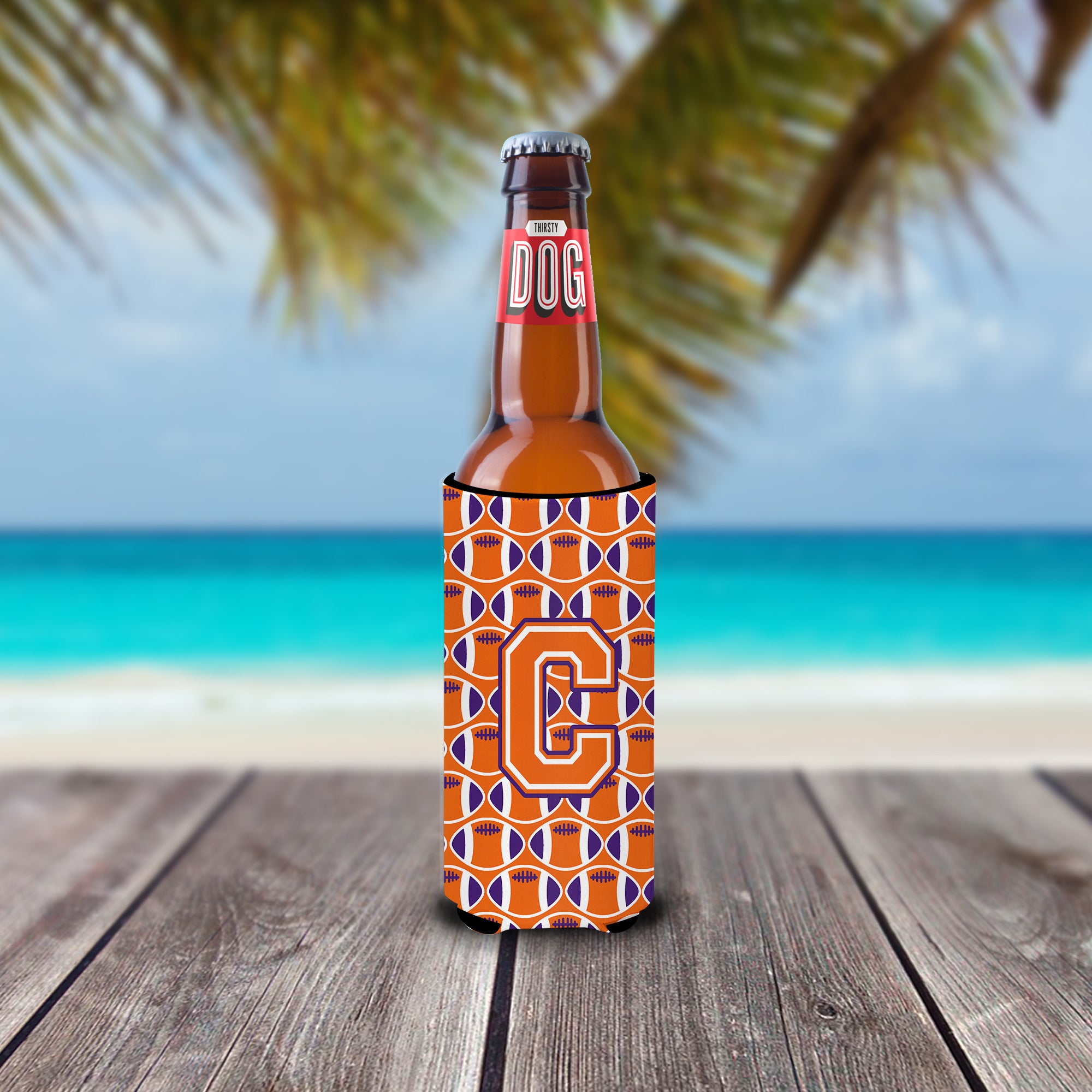 Letter C Football Orange, White and Regalia Ultra Beverage Insulators for slim cans CJ1072-CMUK.