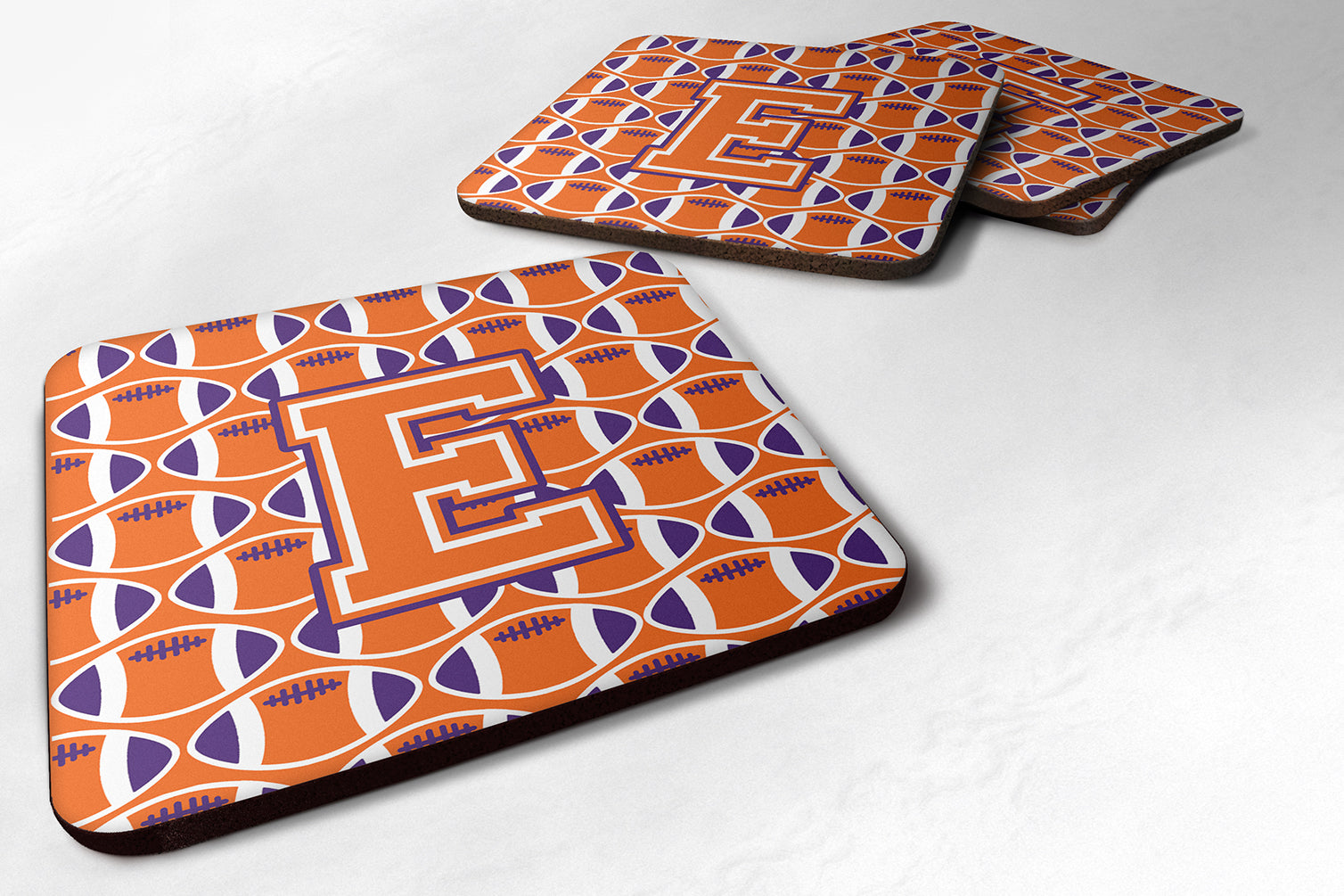Letter E Football Orange, White and Regalia Foam Coaster Set of 4 CJ1072-EFC - the-store.com