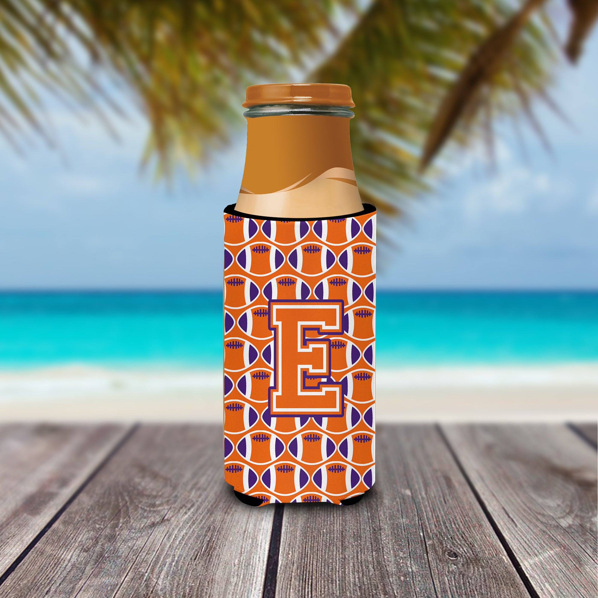 Letter E Football Orange, White and Regalia Ultra Beverage Insulators for slim cans CJ1072-EMUK.
