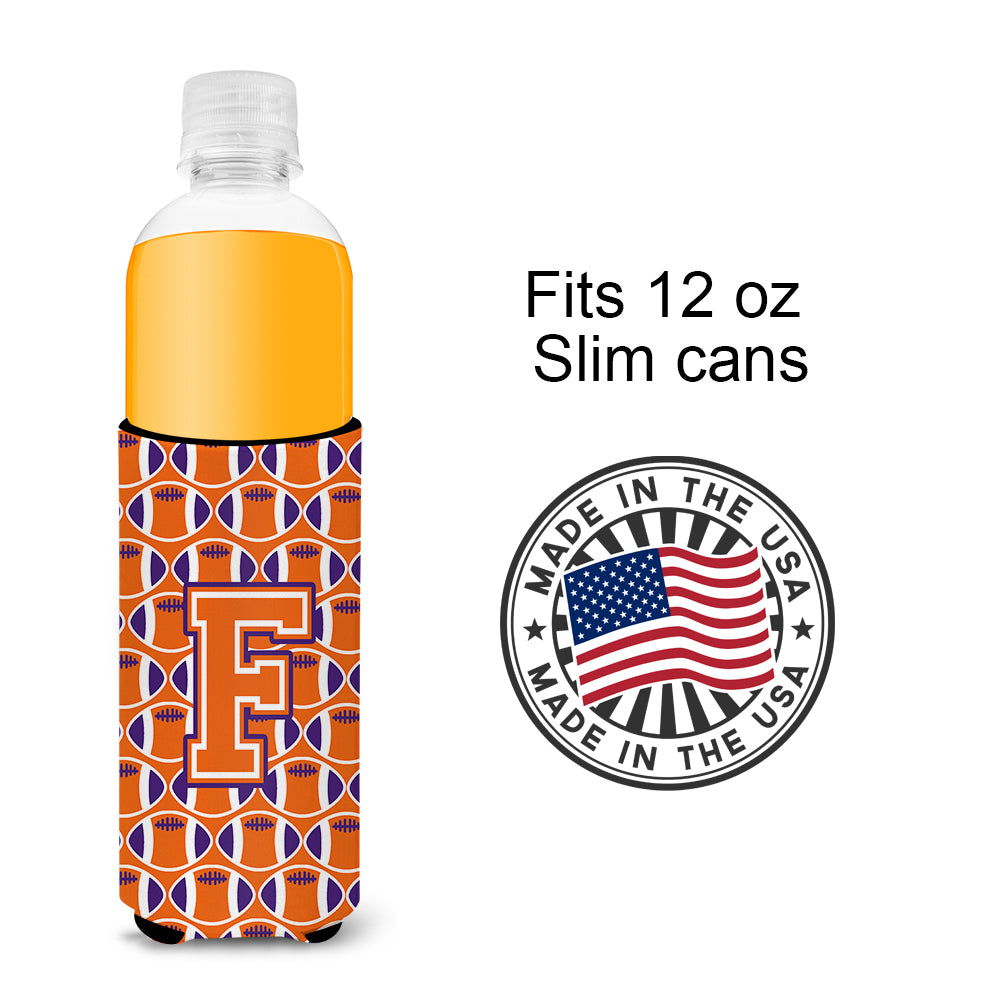 Letter F Football Orange, White and Regalia Ultra Beverage Insulators for slim cans CJ1072-FMUK.