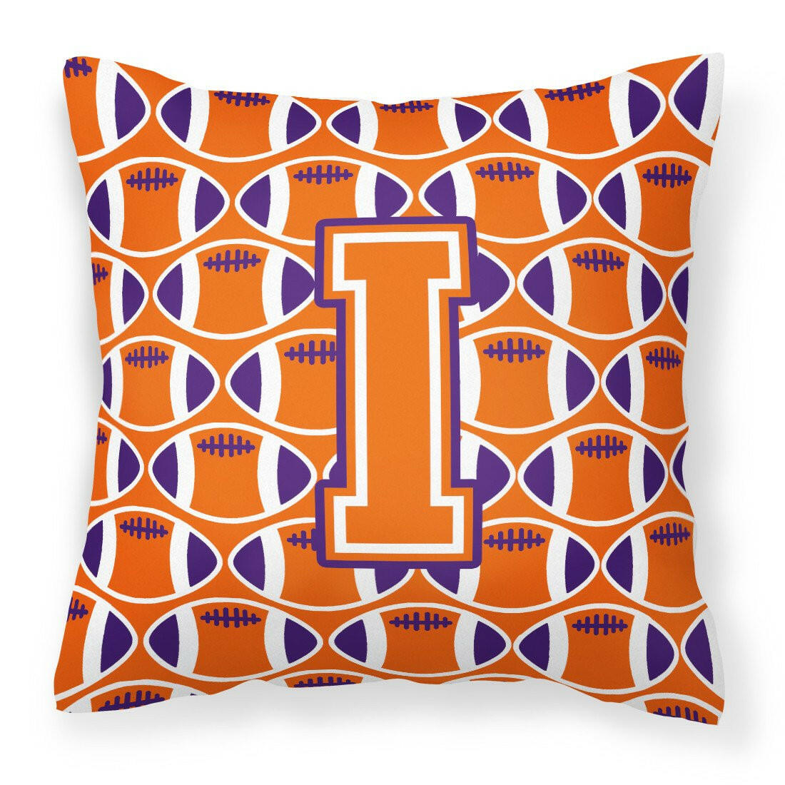 Letter I Football Orange, White and Regalia Fabric Decorative Pillow CJ1072-IPW1414 by Caroline&#39;s Treasures
