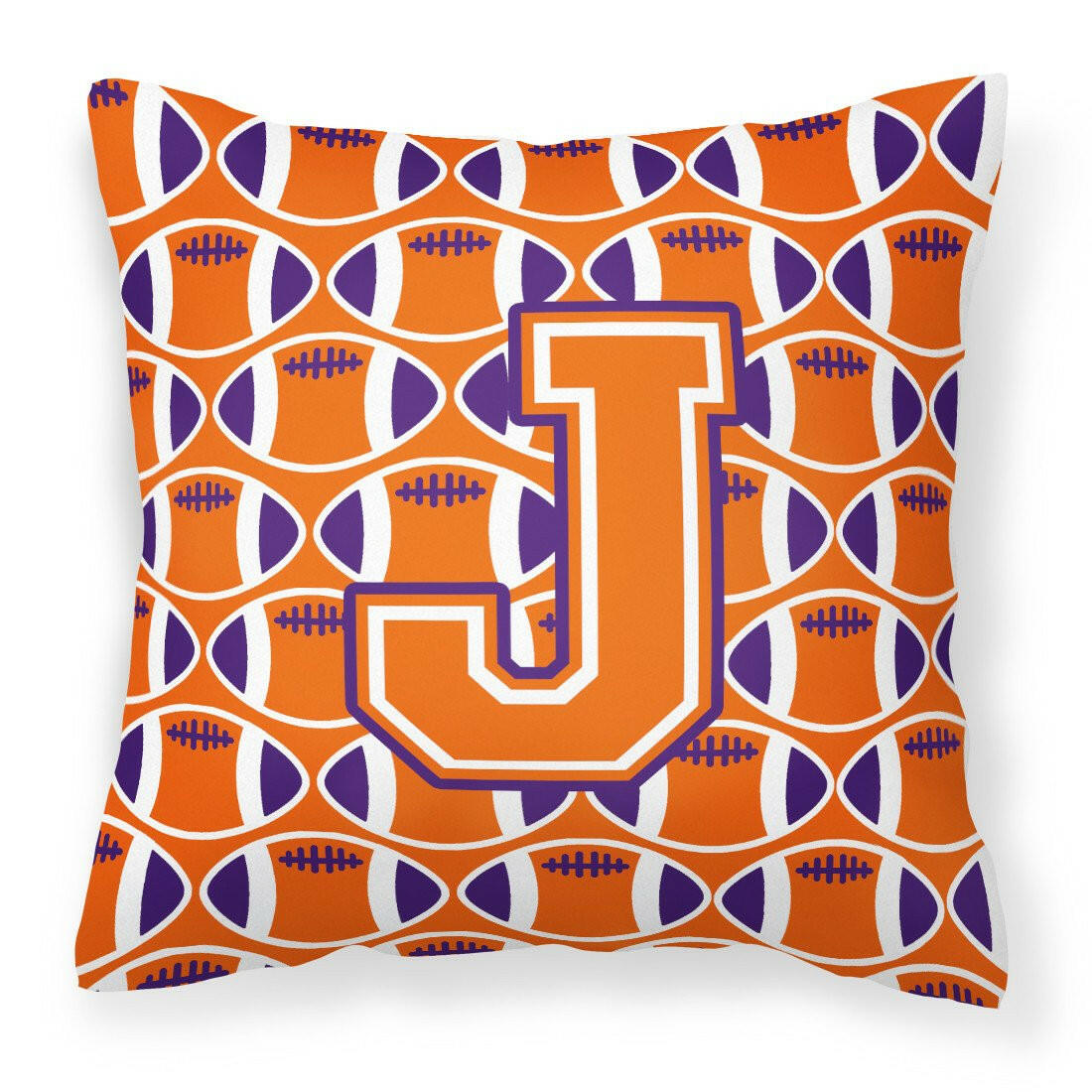Letter J Football Orange, White and Regalia Fabric Decorative Pillow CJ1072-JPW1414 by Caroline&#39;s Treasures