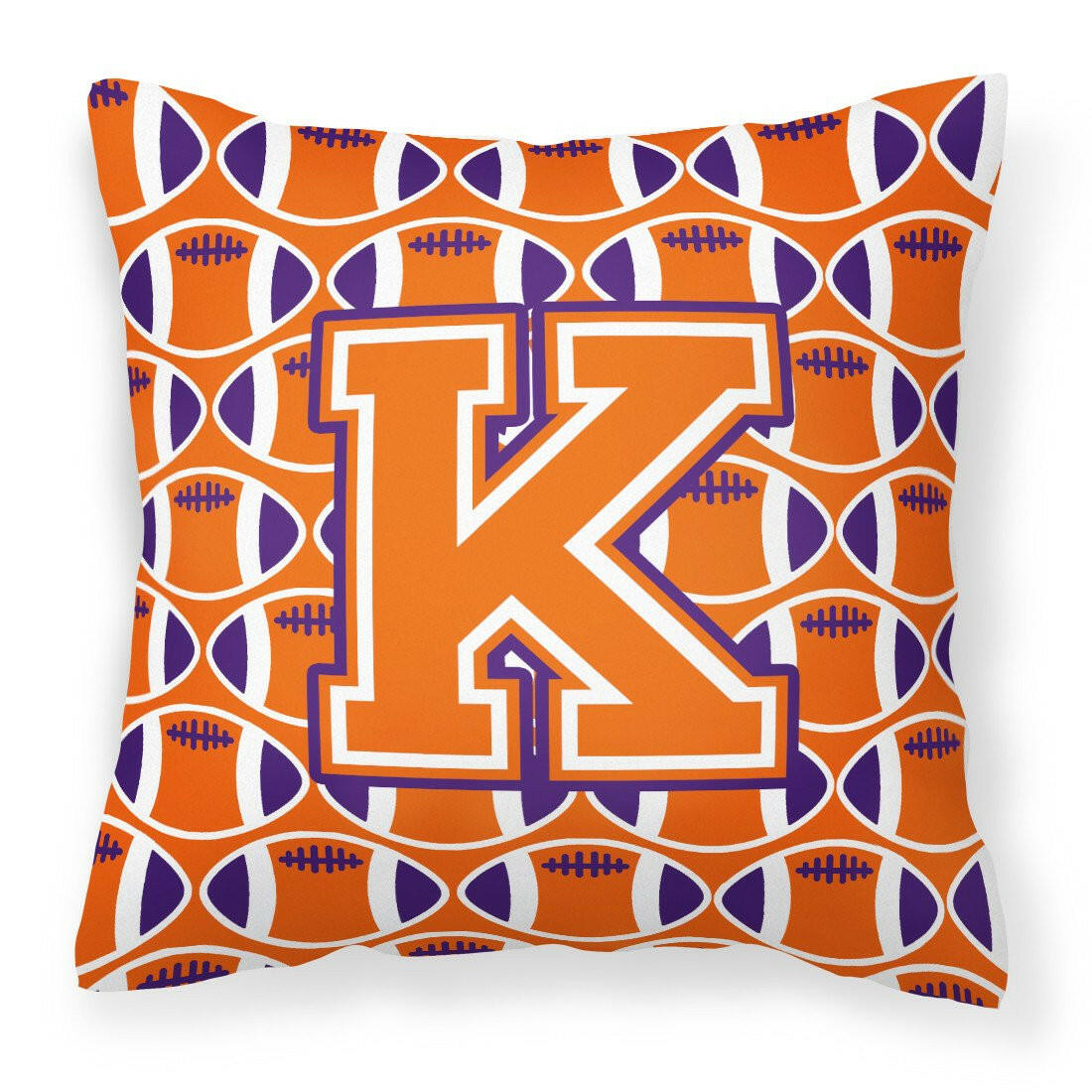 Letter K Football Orange, White and Regalia Fabric Decorative Pillow CJ1072-KPW1414 by Caroline&#39;s Treasures