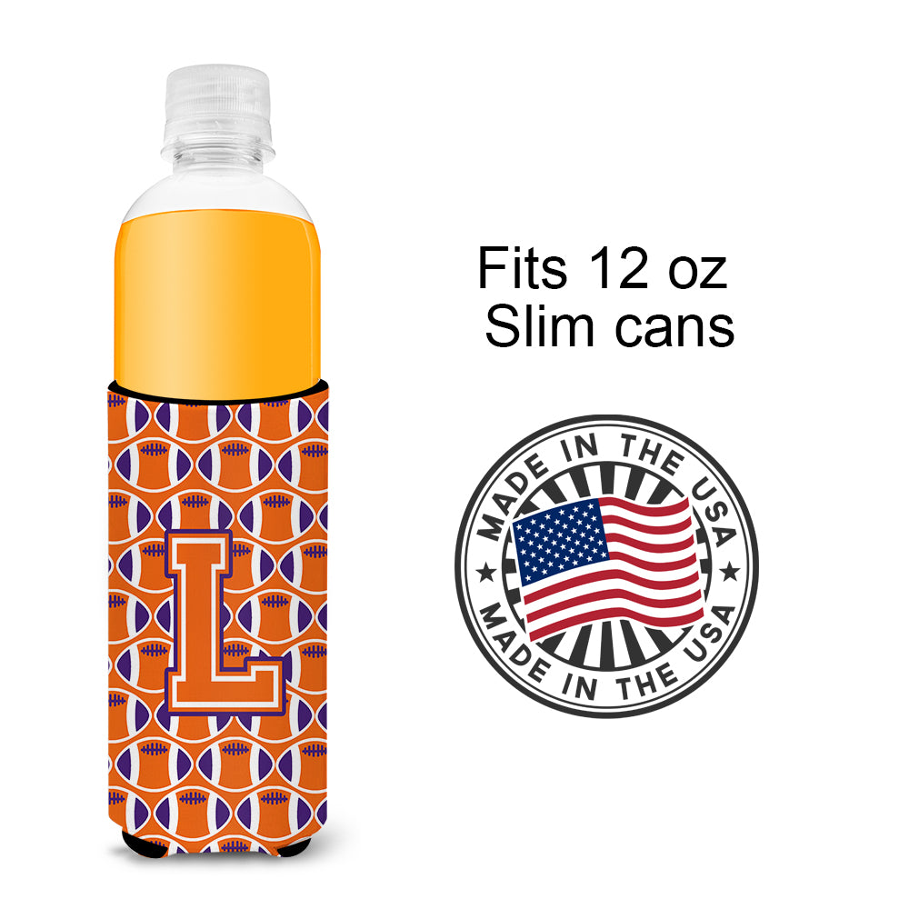 Letter L Football Orange, White and Regalia Ultra Beverage Insulators for slim cans CJ1072-LMUK.