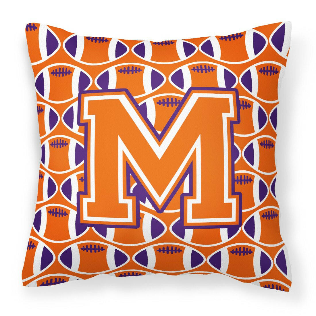 Letter M Football Orange, White and Regalia Fabric Decorative Pillow CJ1072-MPW1414 by Caroline&#39;s Treasures