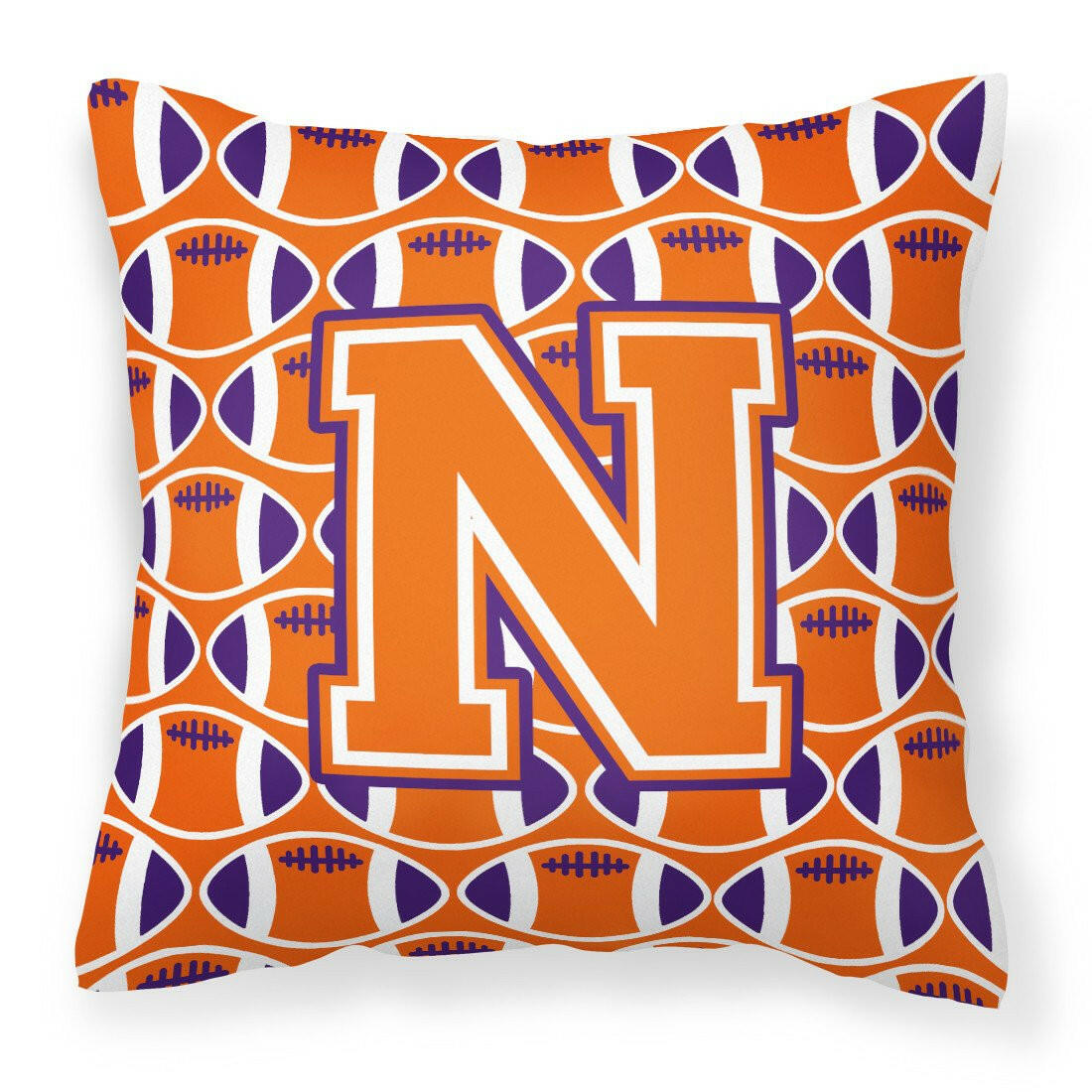 Letter N Football Orange, White and Regalia Fabric Decorative Pillow CJ1072-NPW1414 by Caroline&#39;s Treasures