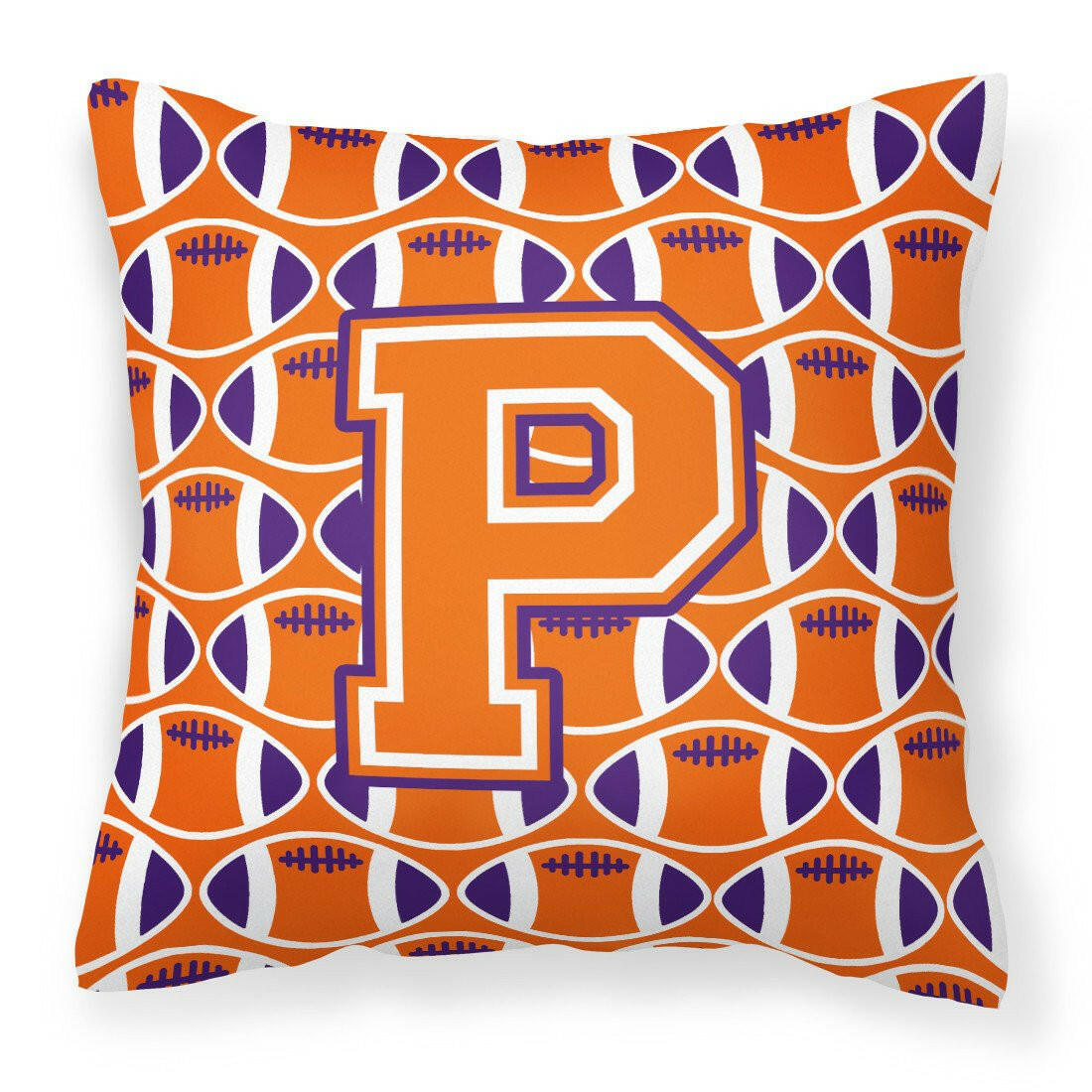 Letter P Football Orange, White and Regalia Fabric Decorative Pillow CJ1072-PPW1414 by Caroline&#39;s Treasures