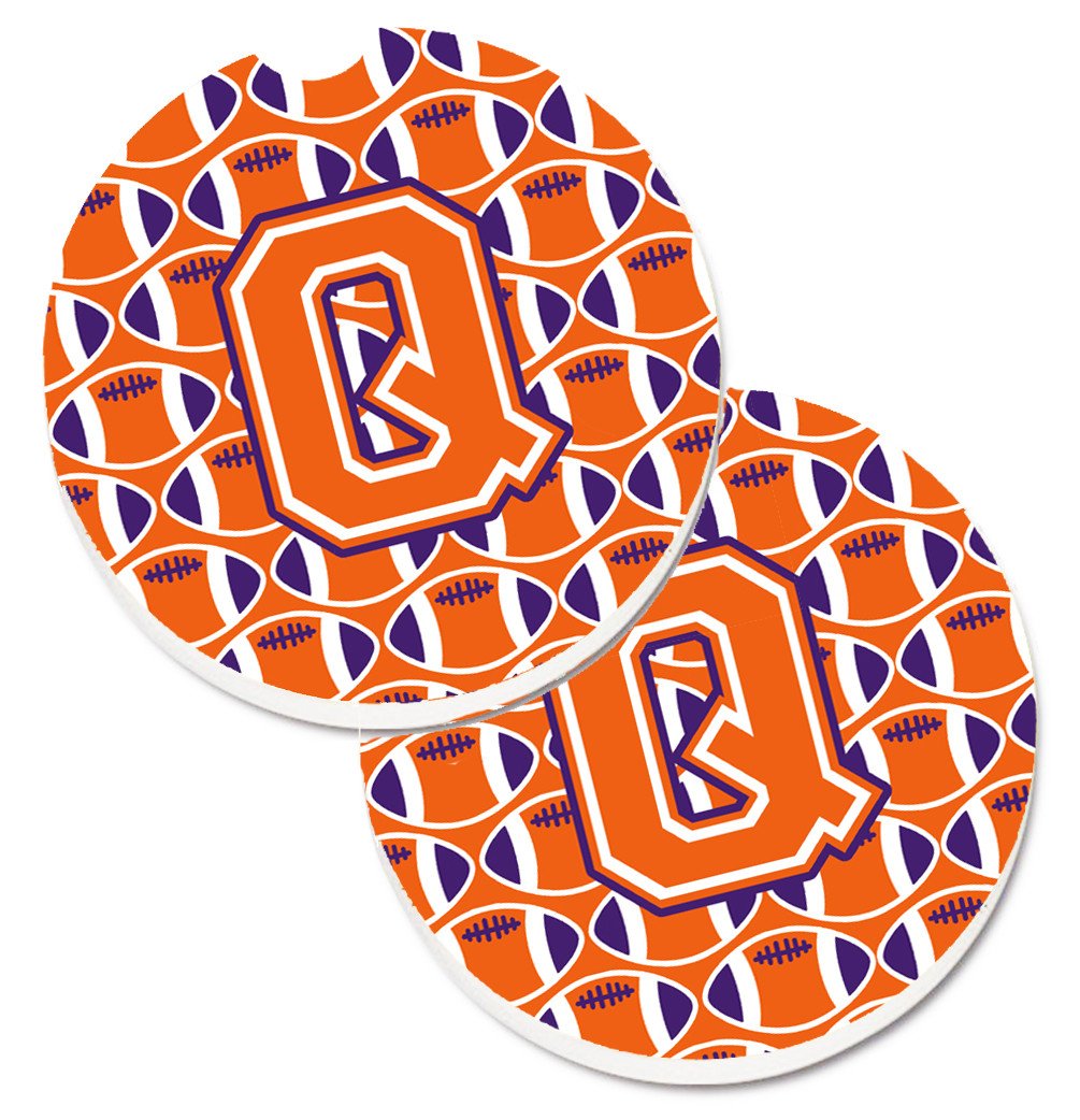 Letter Q Football Orange, White and Regalia Set of 2 Cup Holder Car Coasters CJ1072-QCARC by Caroline&#39;s Treasures