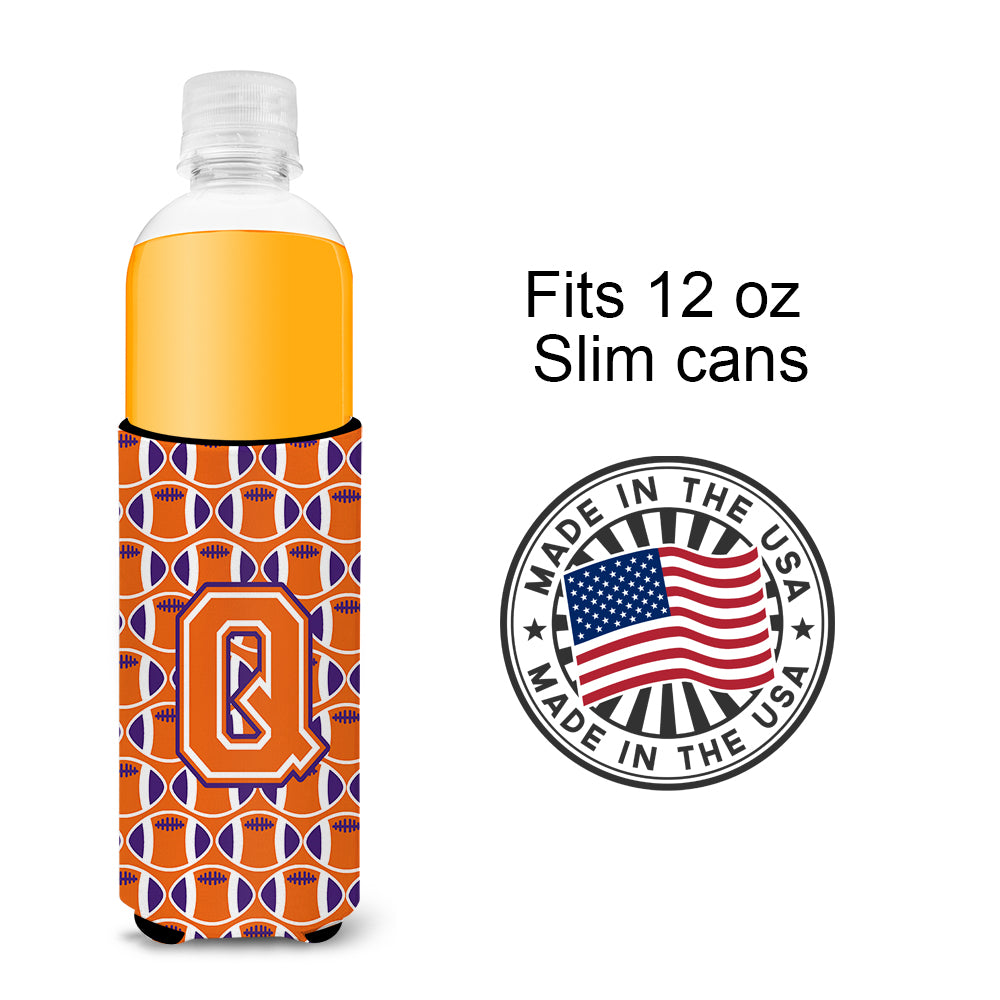 Letter Q Football Orange, White and Regalia Ultra Beverage Insulators for slim cans CJ1072-QMUK.