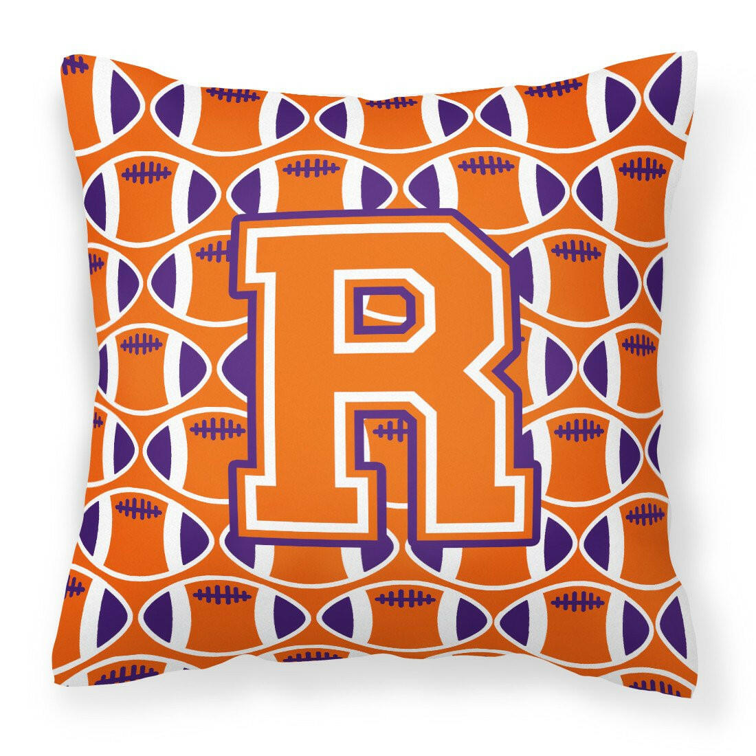 Letter R Football Orange, White and Regalia Fabric Decorative Pillow CJ1072-RPW1414 by Caroline&#39;s Treasures