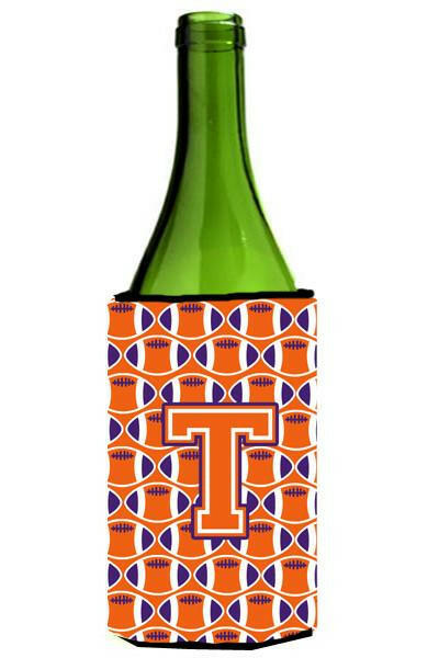 Letter T Football Orange, White and Regalia Wine Bottle Beverage Insulator Hugger CJ1072-TLITERK by Caroline&#39;s Treasures