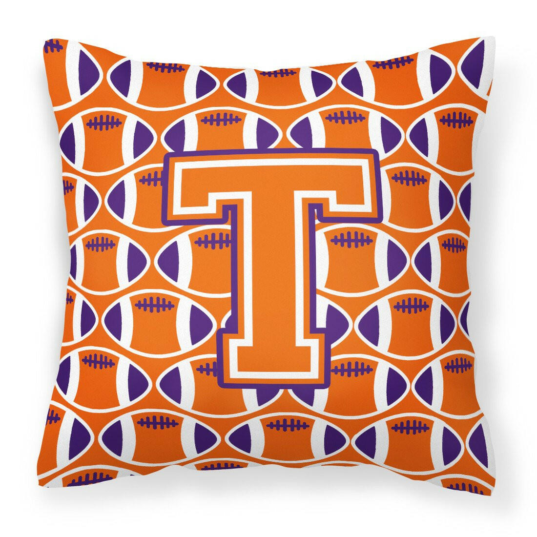 Letter T Football Orange, White and Regalia Fabric Decorative Pillow CJ1072-TPW1414 by Caroline&#39;s Treasures