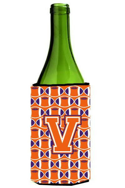 Letter V Football Orange, White and Regalia Wine Bottle Beverage Insulator Hugger CJ1072-VLITERK by Caroline&#39;s Treasures