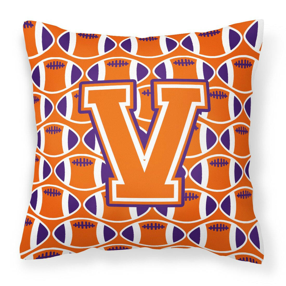 Letter V Football Orange, White and Regalia Fabric Decorative Pillow CJ1072-VPW1414 by Caroline&#39;s Treasures