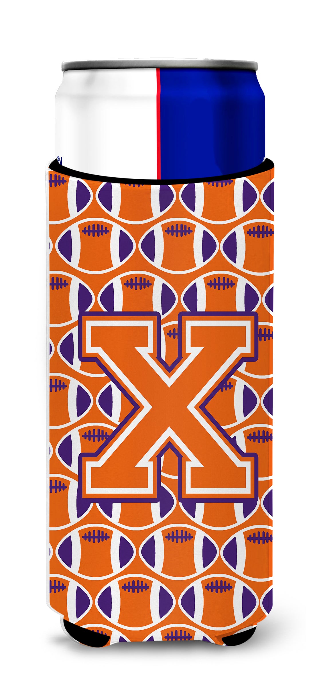 Letter X Football Orange, White and Regalia Ultra Beverage Insulators for slim cans CJ1072-XMUK.