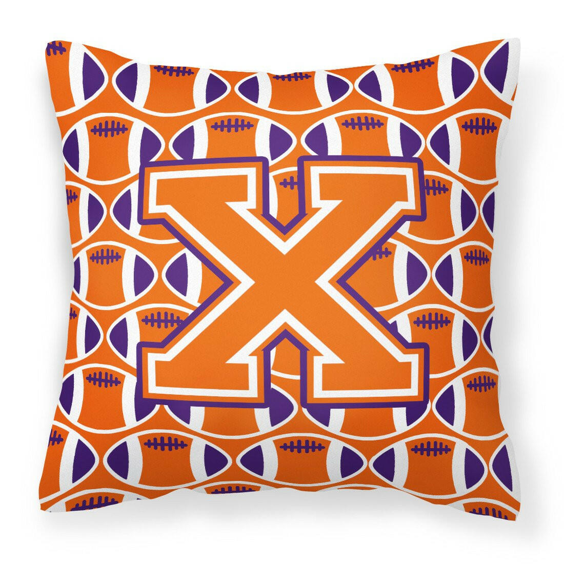 Letter X Football Orange, White and Regalia Fabric Decorative Pillow CJ1072-XPW1414 by Caroline&#39;s Treasures