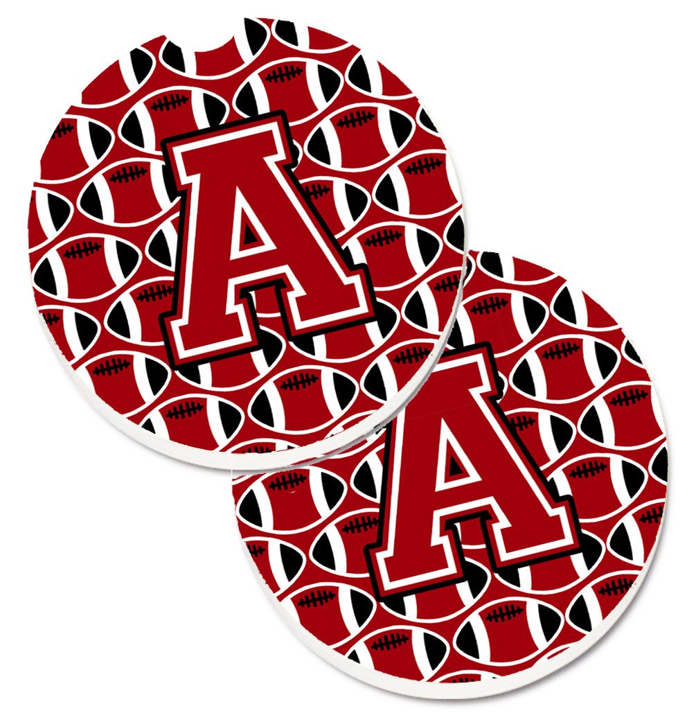 Letter A Football Red, Black and White Set of 2 Cup Holder Car Coasters CJ1073-ACARC by Caroline&#39;s Treasures