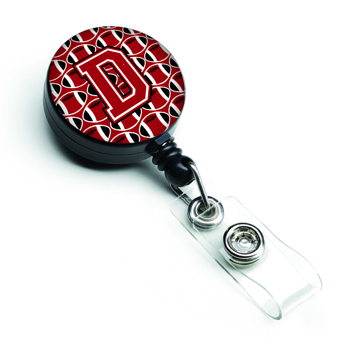Letter D Football Red, Black and White Retractable Badge Reel CJ1073-DBR