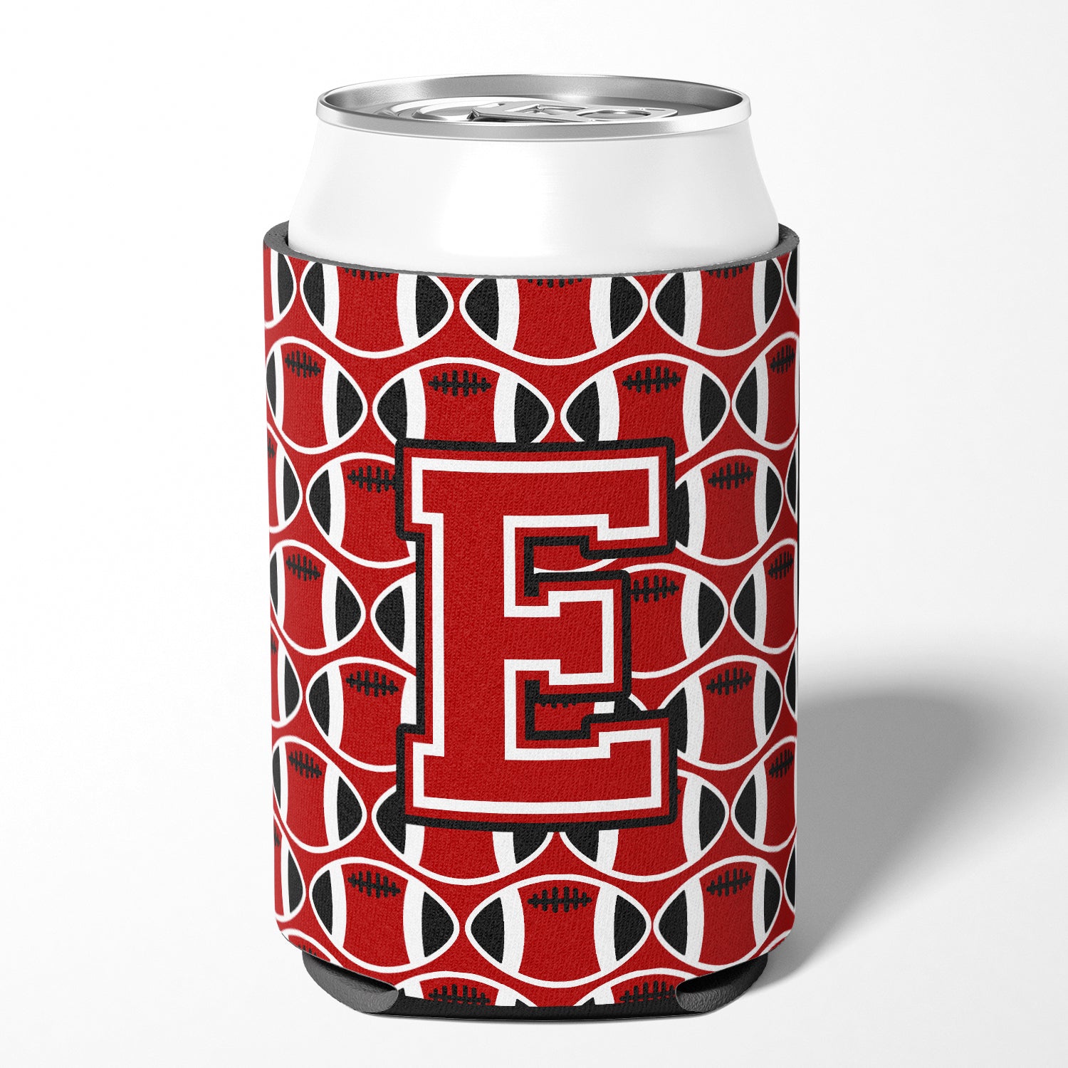 Letter E Football Red, Black and White Can or Bottle Hugger CJ1073-ECC.