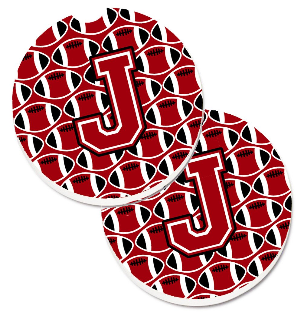 Letter J Football Red, Black and White Set of 2 Cup Holder Car Coasters CJ1073-JCARC by Caroline&#39;s Treasures