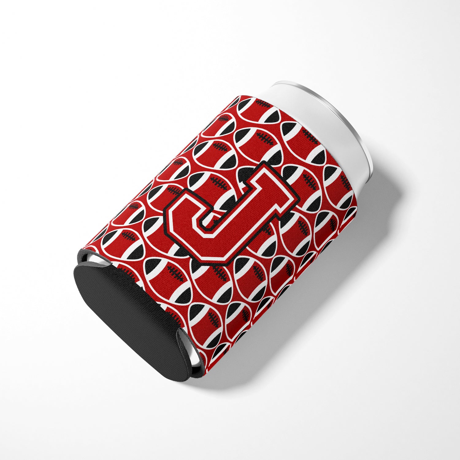 Letter J Football Red, Black and White Can or Bottle Hugger CJ1073-JCC.