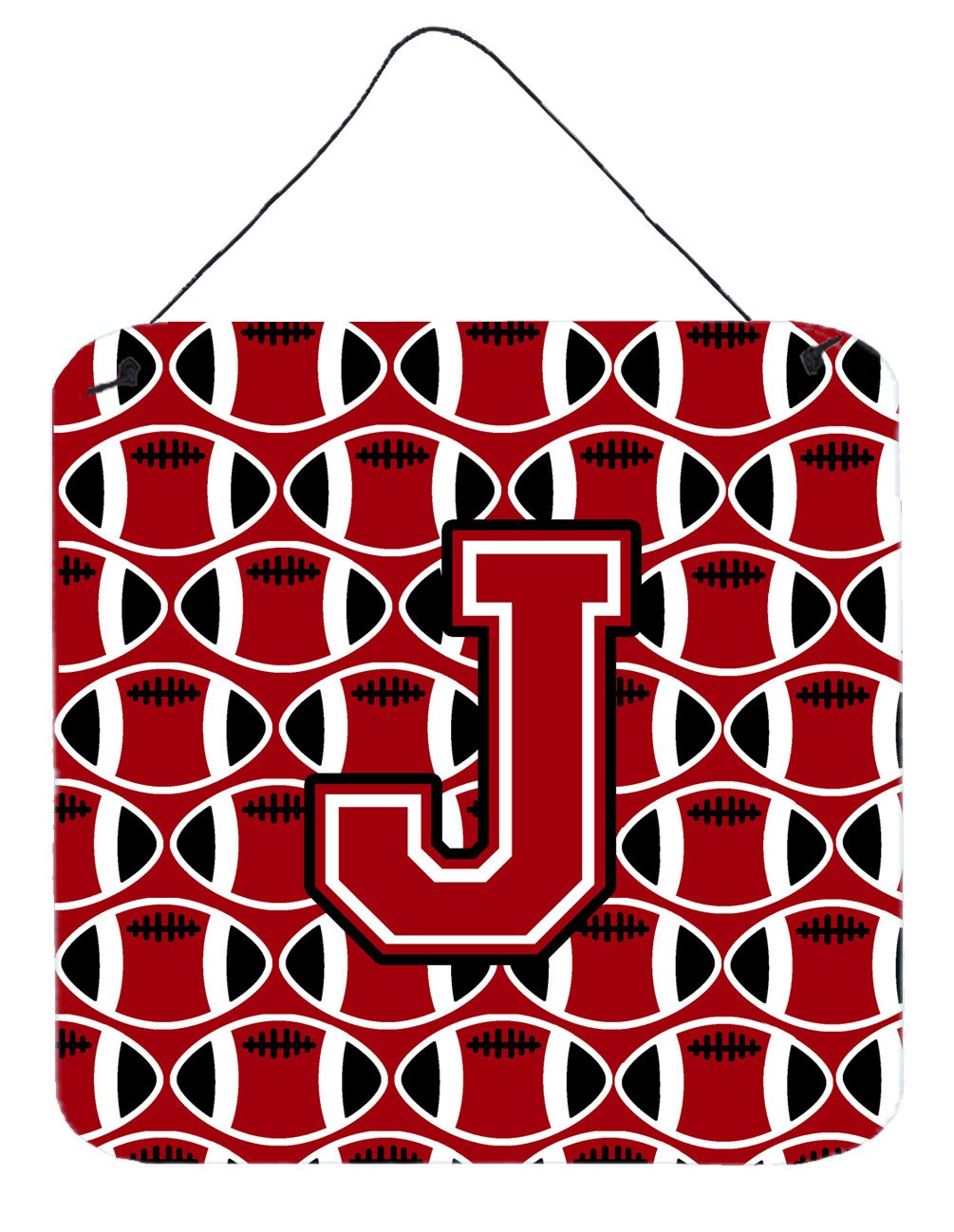 Letter J Football Red, Black and White Wall or Door Hanging Prints CJ1073-JDS66 by Caroline&#39;s Treasures