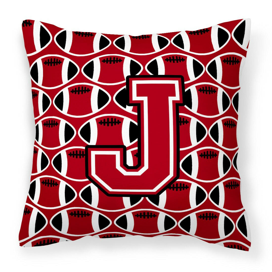Letter J Football Red, Black and White Fabric Decorative Pillow CJ1073-JPW1414 by Caroline&#39;s Treasures