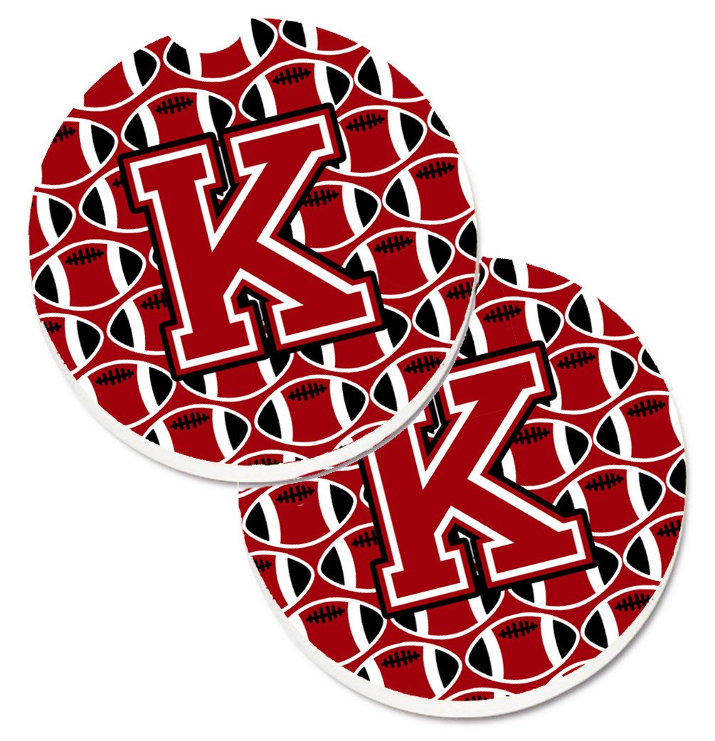 Letter K Football Red, Black and White Set of 2 Cup Holder Car Coasters CJ1073-KCARC by Caroline&#39;s Treasures