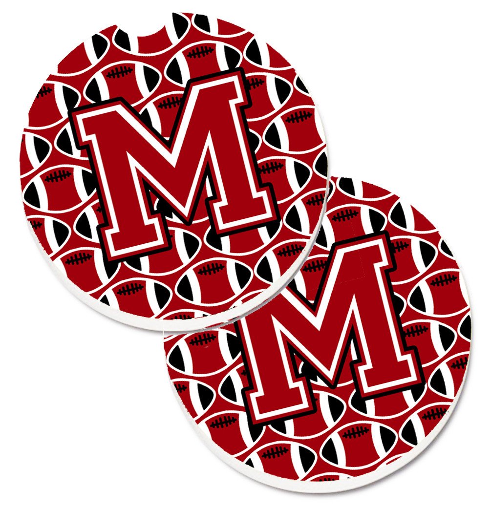 Letter M Football Red, Black and White Set of 2 Cup Holder Car Coasters CJ1073-MCARC by Caroline&#39;s Treasures
