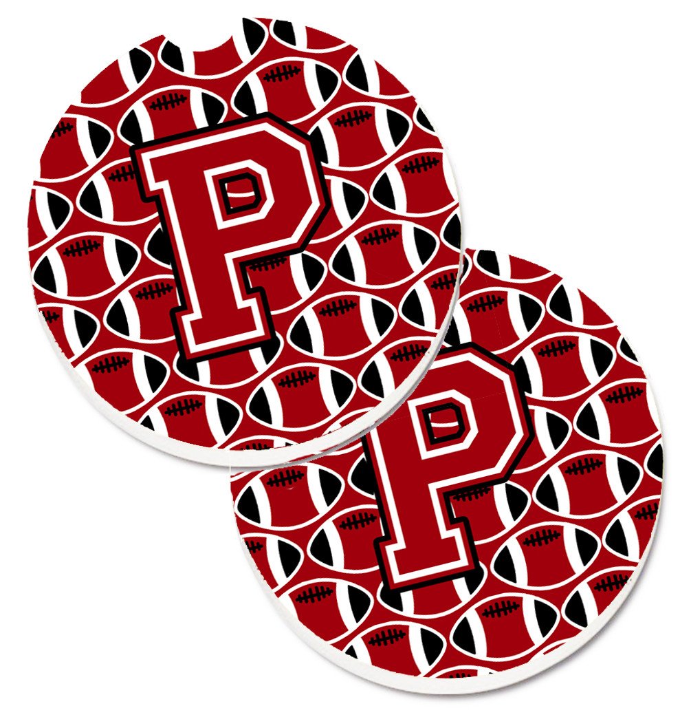 Letter P Football Red, Black and White Set of 2 Cup Holder Car Coasters CJ1073-PCARC by Caroline&#39;s Treasures