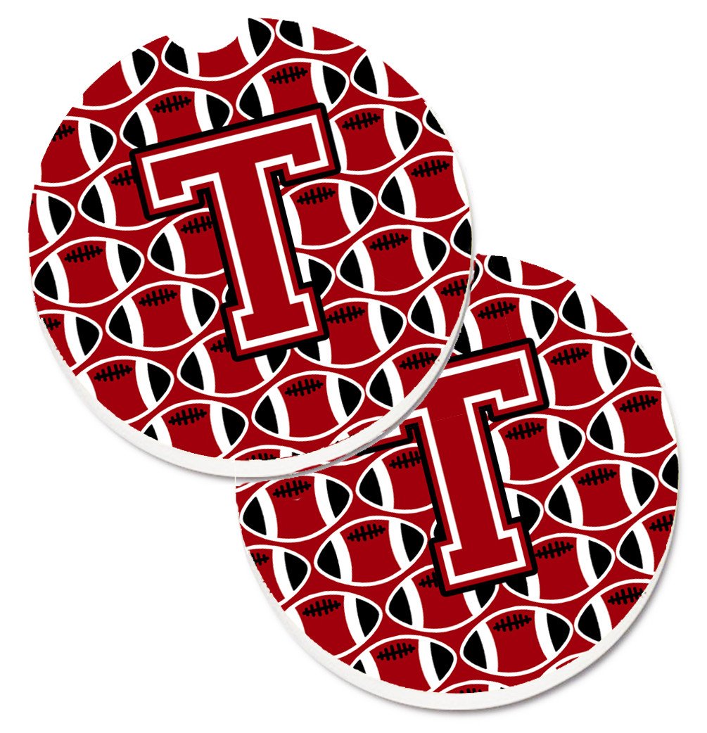 Letter T Football Red, Black and White Set of 2 Cup Holder Car Coasters CJ1073-TCARC by Caroline&#39;s Treasures