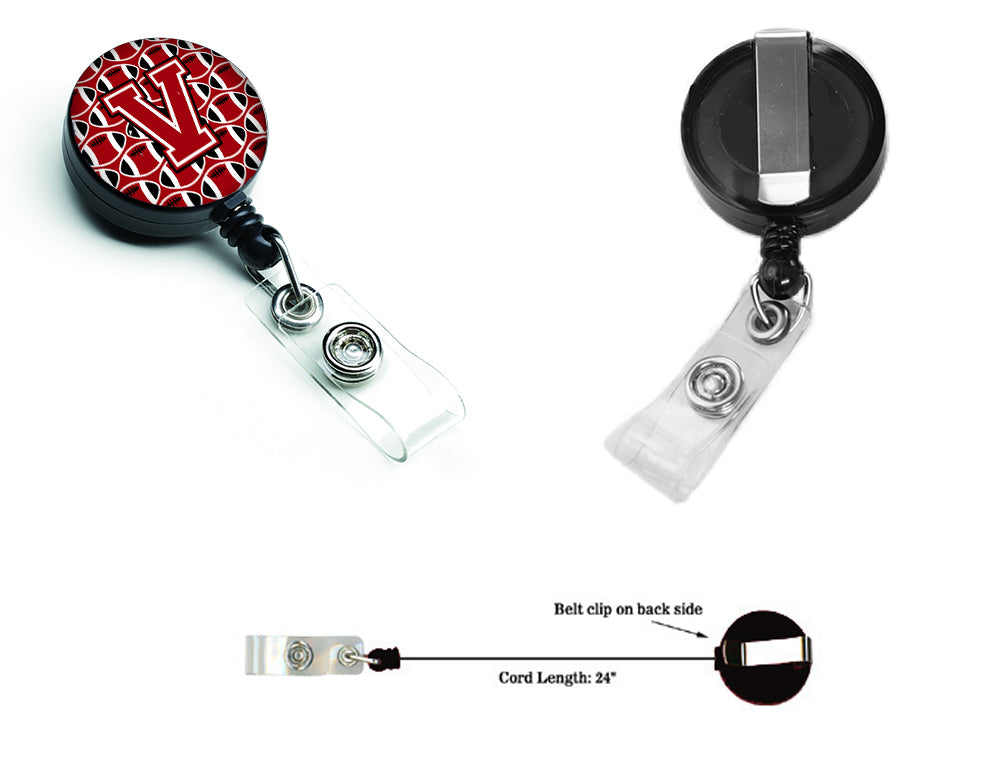 Letter V Football Red, Black and White Retractable Badge Reel CJ1073-VBR