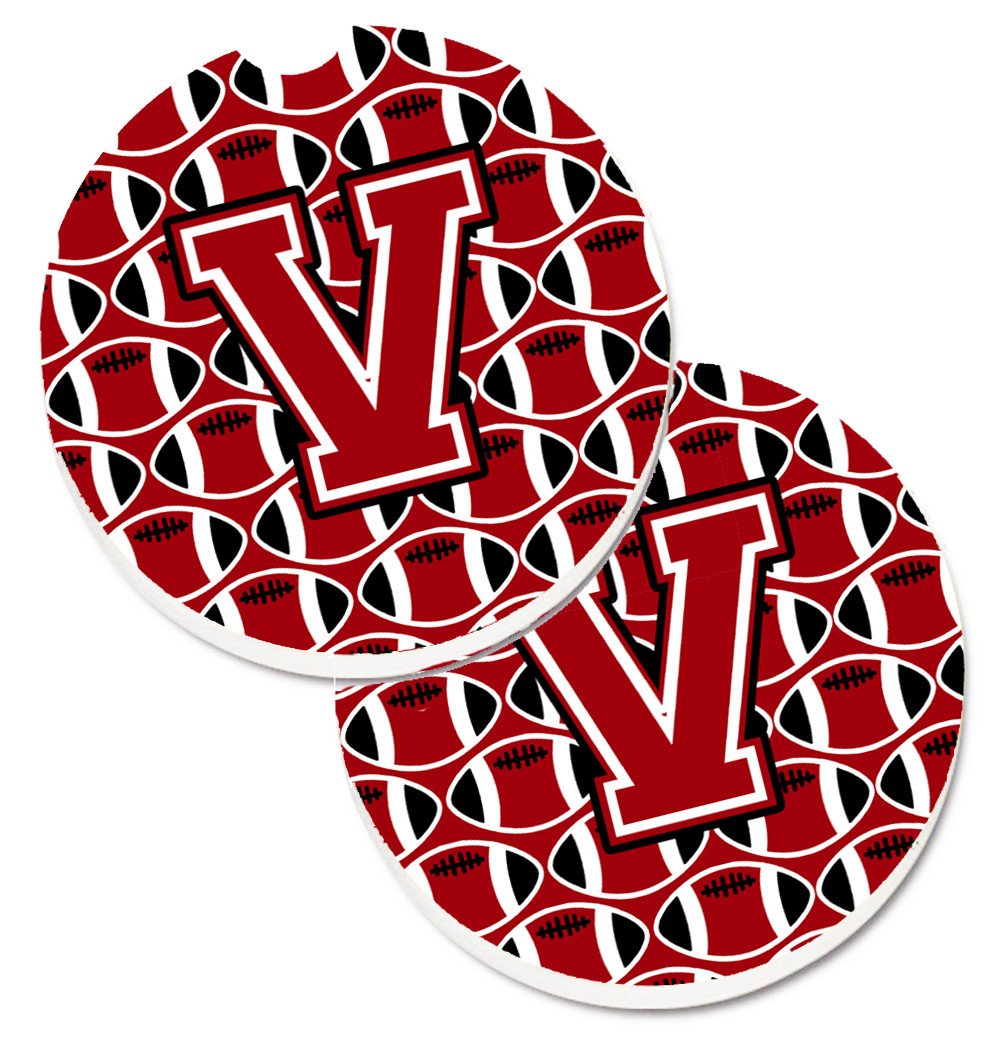 Letter V Football Red, Black and White Set of 2 Cup Holder Car Coasters CJ1073-VCARC by Caroline&#39;s Treasures