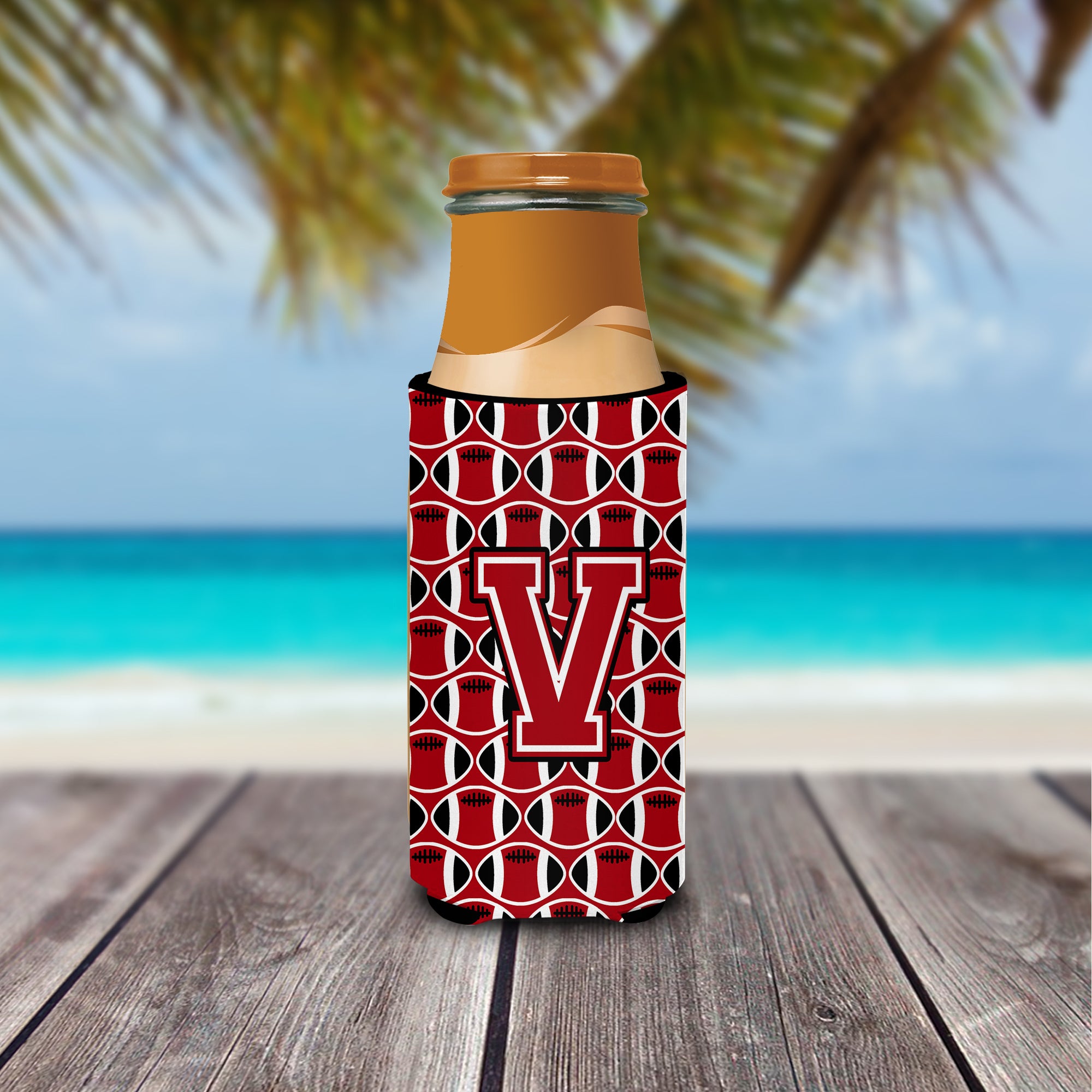 Letter V Football Red, Black and White Ultra Beverage Insulators for slim cans CJ1073-VMUK.