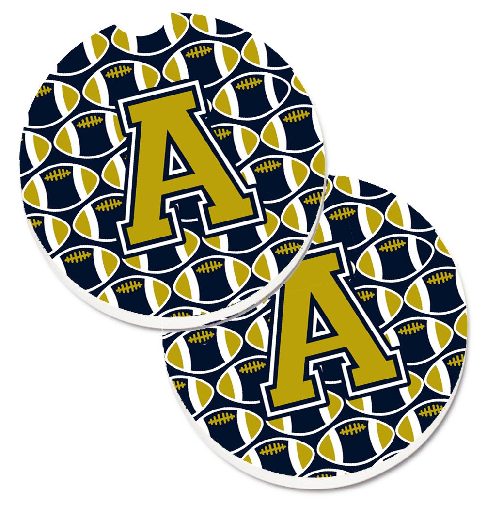 Letter A Football Blue and Gold Set of 2 Cup Holder Car Coasters CJ1074-ACARC by Caroline&#39;s Treasures