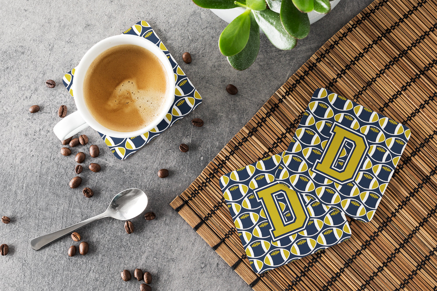 Letter D Football Blue and Gold Foam Coaster Set of 4 CJ1074-DFC - the-store.com