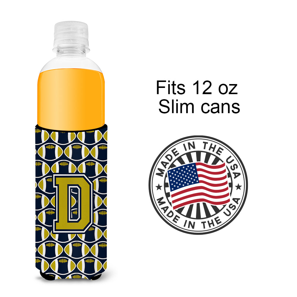 Letter D Football Blue and Gold Ultra Beverage Insulators for slim cans CJ1074-DMUK.