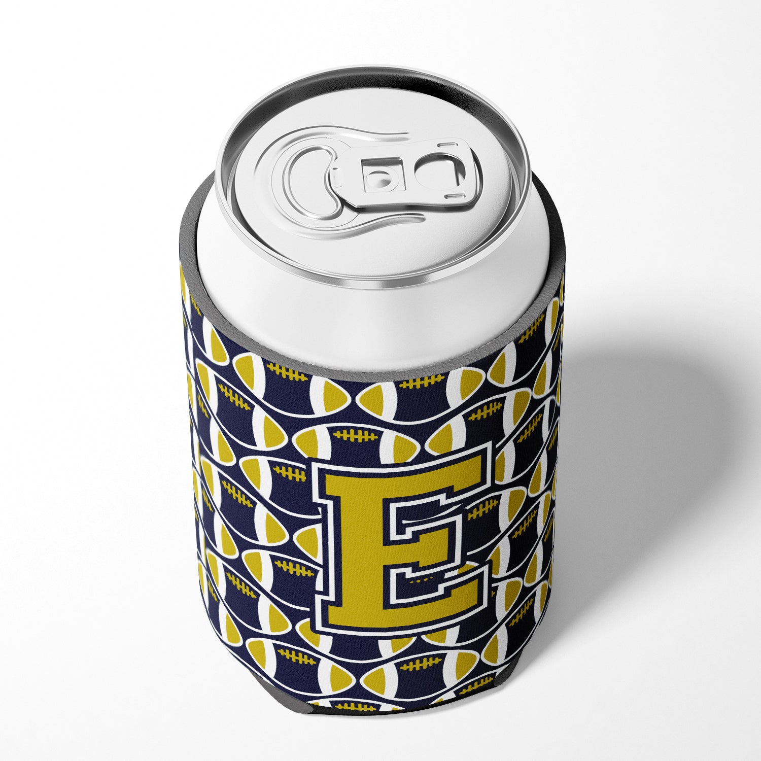 Letter E Football Blue and Gold Can or Bottle Hugger CJ1074-ECC