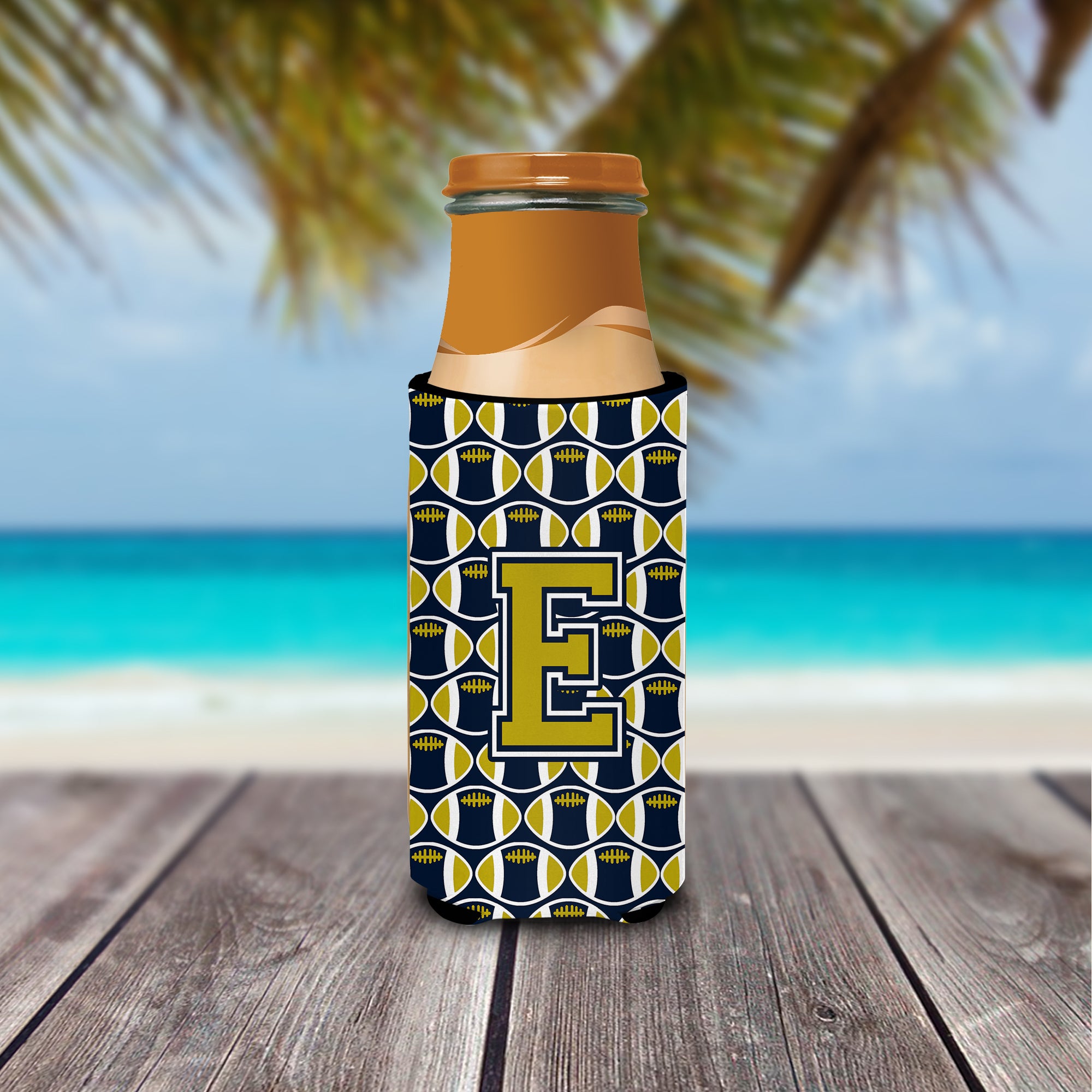 Letter E Football Blue and Gold Ultra Beverage Insulators for slim cans CJ1074-EMUK.