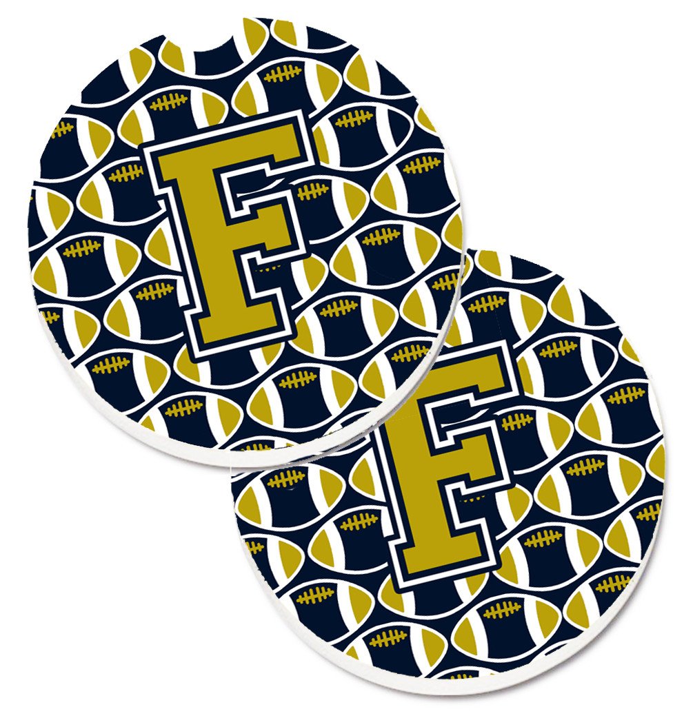 Letter F Football Blue and Gold Set of 2 Cup Holder Car Coasters CJ1074-FCARC by Caroline&#39;s Treasures