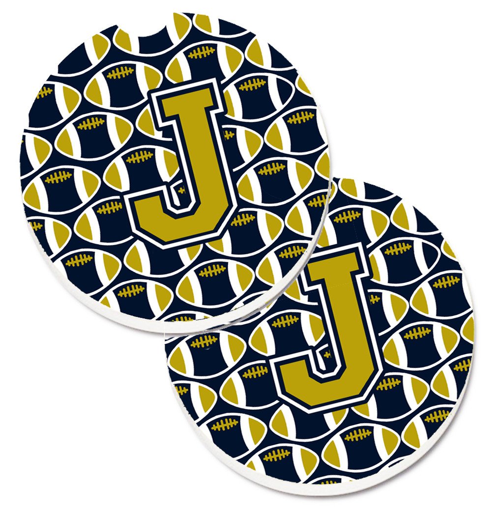 Letter J Football Blue and Gold Set of 2 Cup Holder Car Coasters CJ1074-JCARC by Caroline&#39;s Treasures