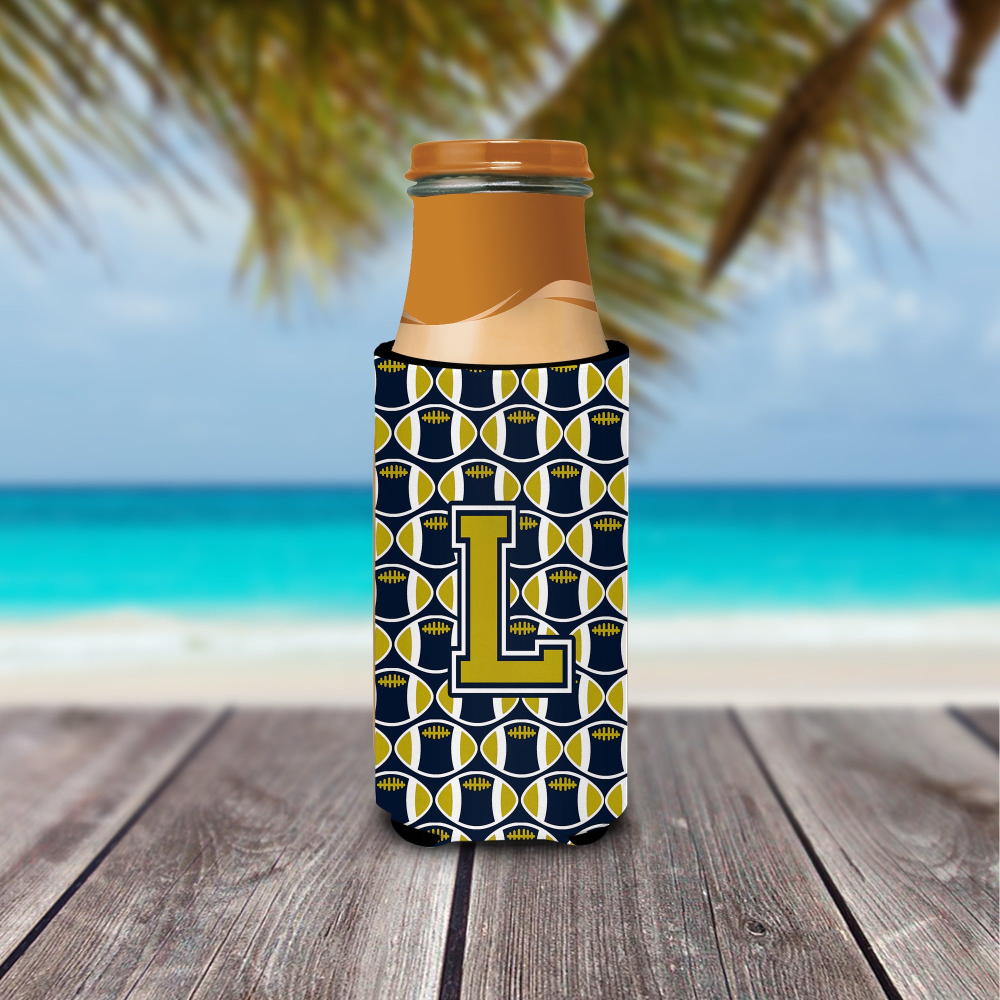 Letter L Football Blue and Gold Ultra Beverage Insulators for slim cans CJ1074-LMUK.